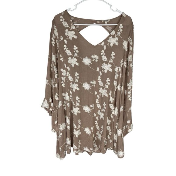 Womens Umgee Floral Embroidered Mini Dress Size Small Tan Open Back Belle Sleeve - Picture 1 of 3